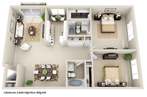 Floor plan for 2 beds, 2 baths, 1155 sqft